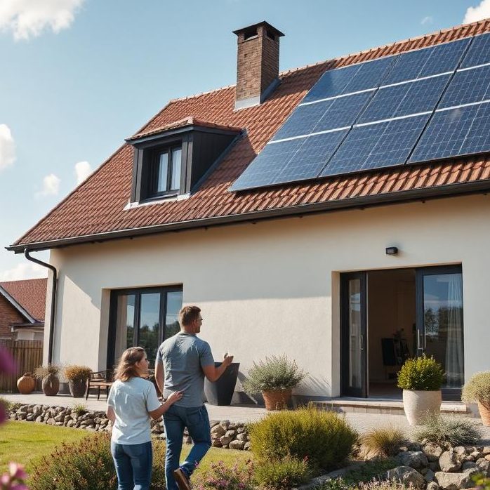 Ein Paar betrachtet ein Haus mit Solarpanelen auf dem Dach.